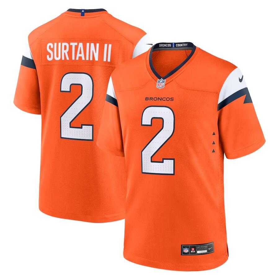 Men%27s Denver Broncos #2 Pat Surtain II Orange 2024 Game Stitched Jersey Dzhi->denver broncos->NFL Jersey